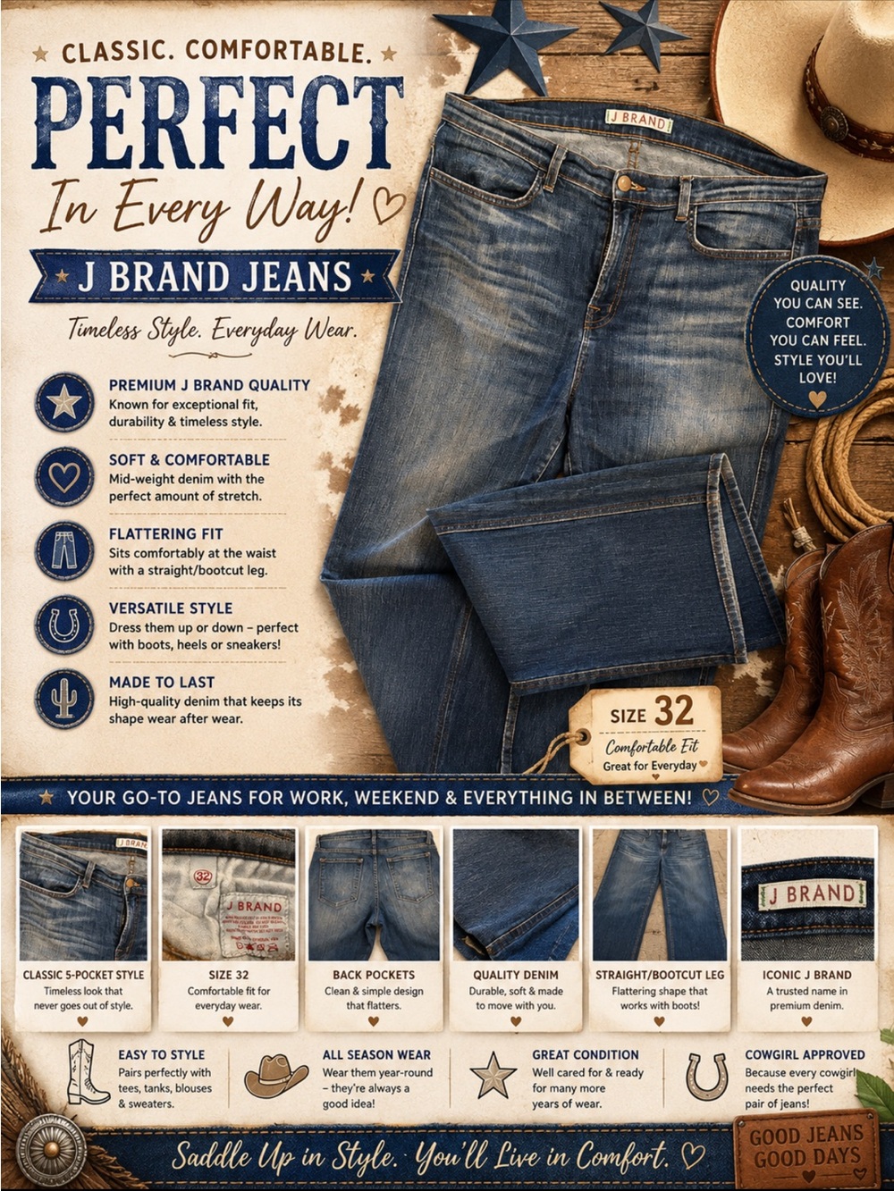 J Brand Women  Bootcut Jeans in Distressed Dark Blue Wash. size 32